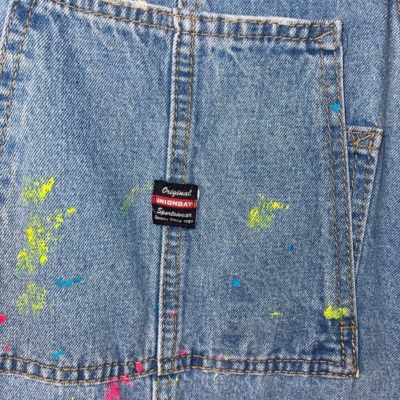 Union Bay Vintage Womens Overalls Size Large Blue Denim Upcycled Paint Splatter - Picture 4 of 12